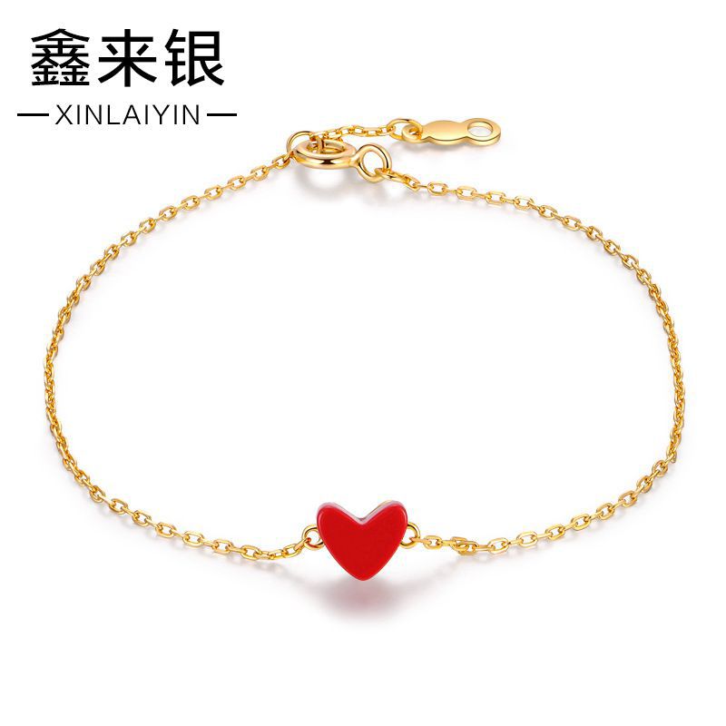银手链18k镀金心形爱心手饰简约女士日本小红心s925银手链