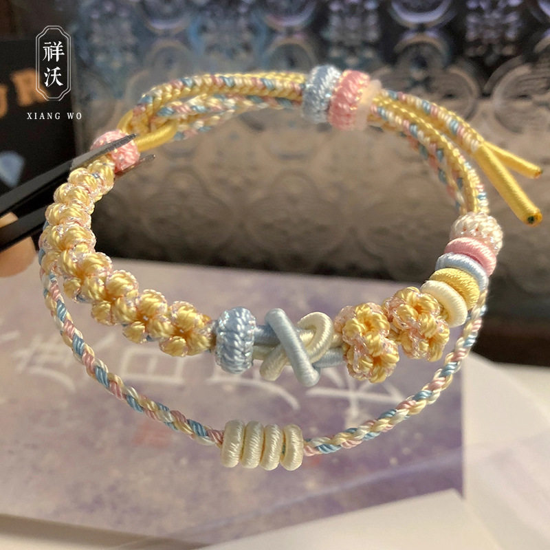 双层桃花双联结手绳女手工编织红绳手链可穿珠黄金路路通转运珠男