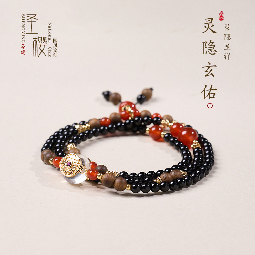 灵隐纳福天然黑玛瑙多圈手链女新中式六字箴言高级感佛珠手串批发