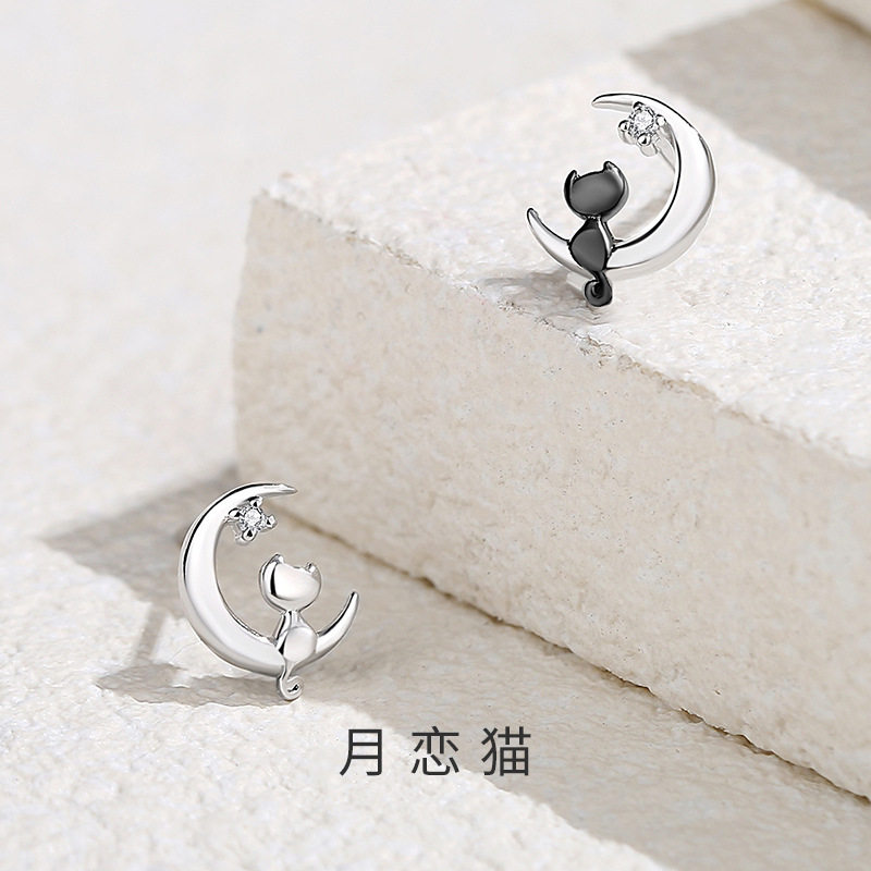 原创月恋猫耳钉925纯银可爱小巧少女心百搭耳环小众设计耳饰批发