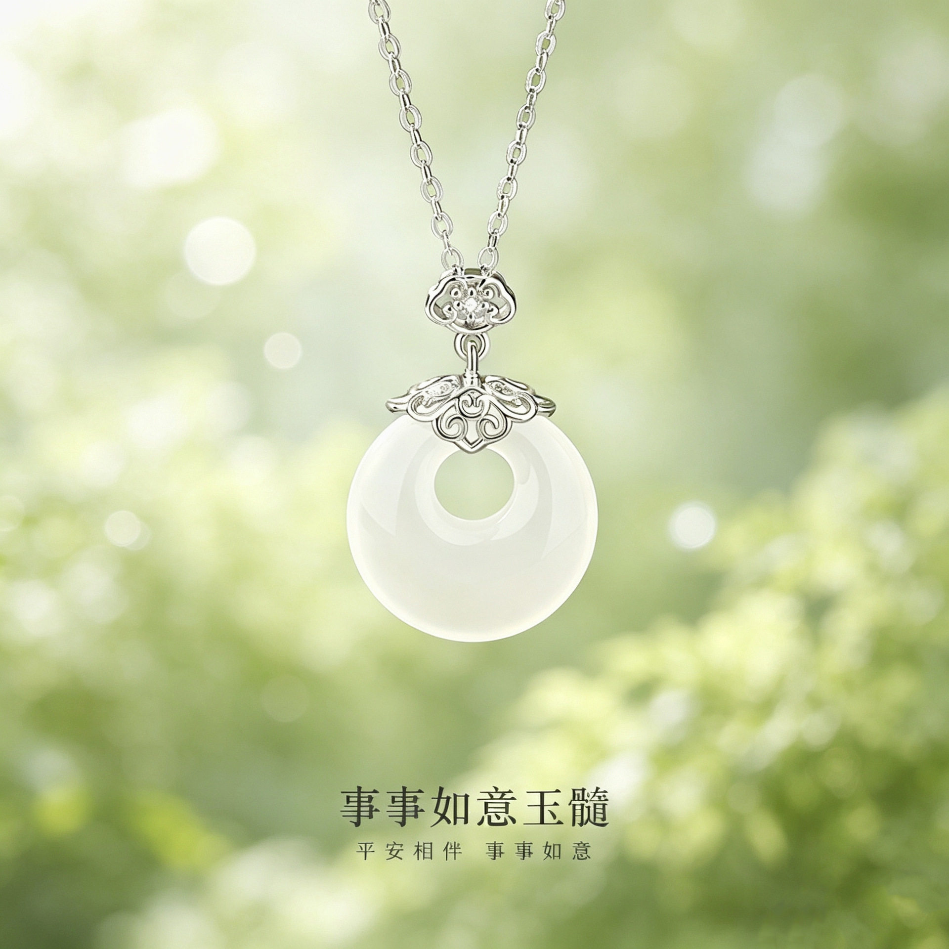 原创如意锁平安扣玉髓项链女925纯银文艺复古国风新中式吊坠批发