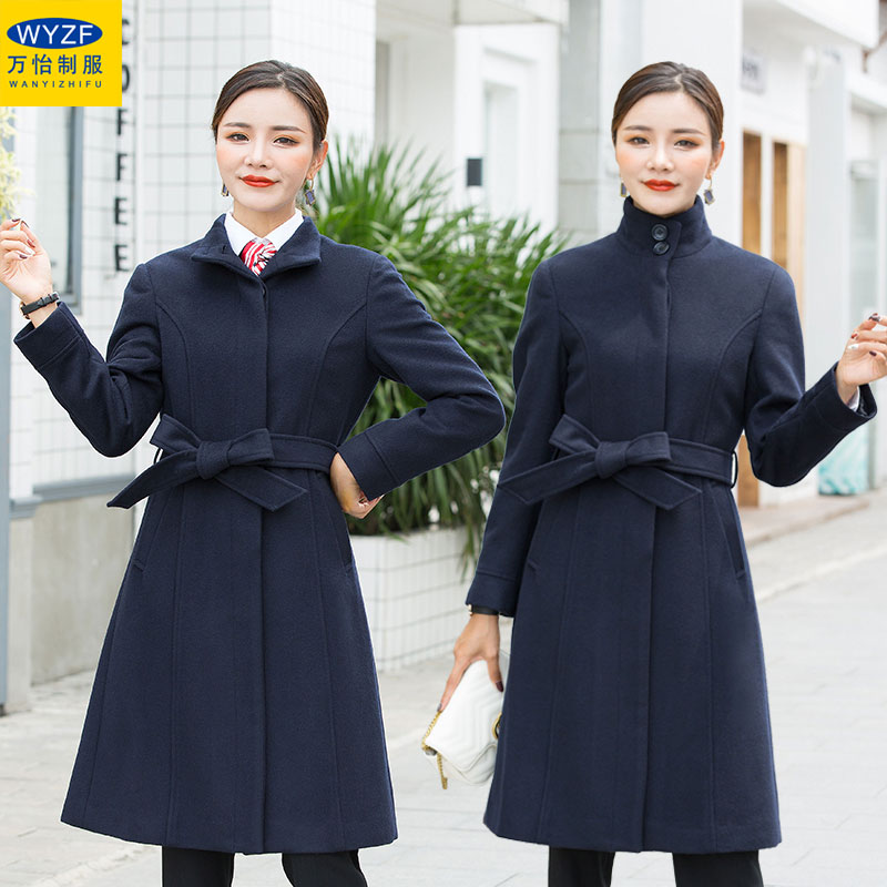 职业装工作服女大衣迎宾呢子冬款藏青色立领腰带修身礼仪工装外套