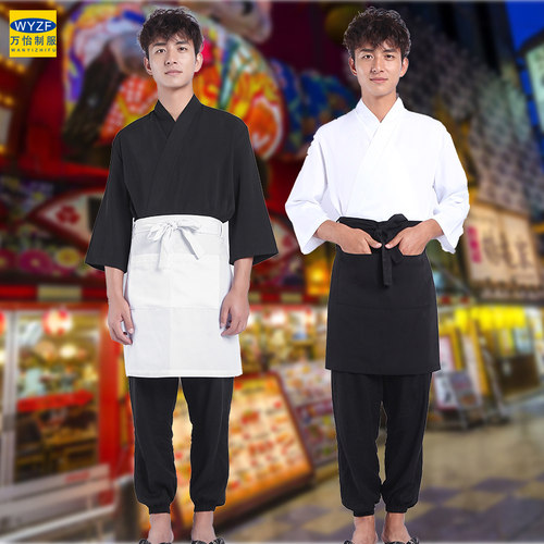 日式和风白色黑色男厨师服