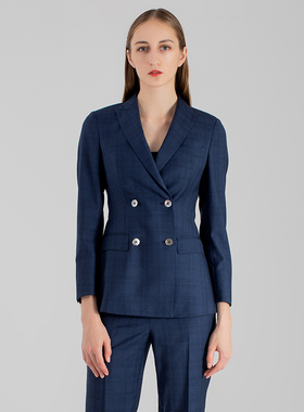 秋季新款欧美轻奢女装ol售楼处置业顾问双排扣蓝色格子女西装套装
