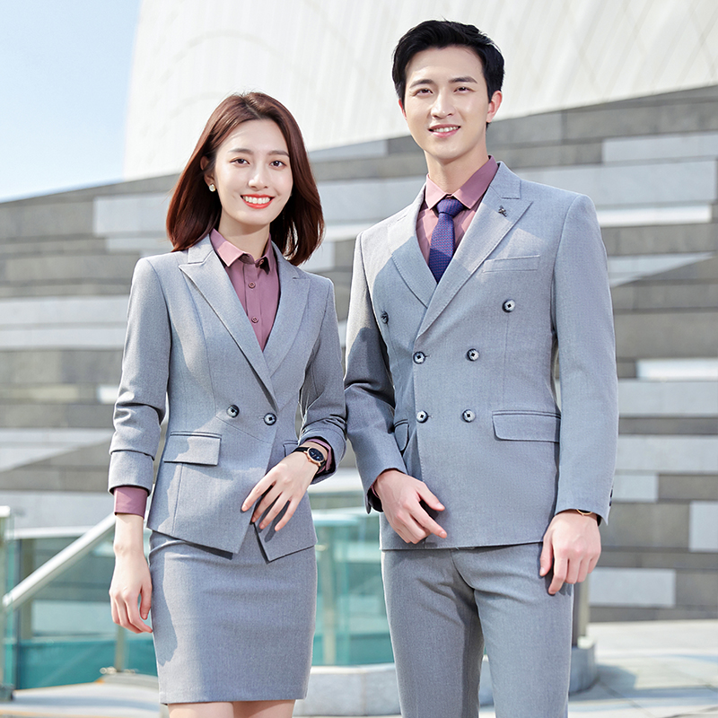灰色双排扣男西装套装商务职业装女士西服外套物业售楼春季工作服