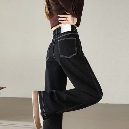 防褪色黑色阔腿牛仔裤