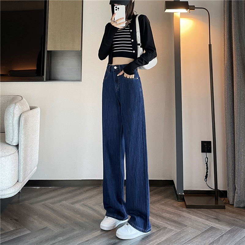 窄版阔高腰阔腿牛仔裤薄款
