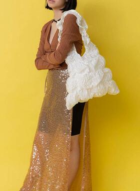 Casselini奶油泡泡纱褶皱单肩包夏季托特包慵懒风女大容量高级感