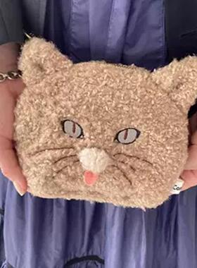 casselini新款日系小众可爱猫咪毛绒零钱包女收纳卡包迷你小包包