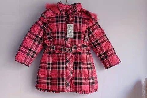 巴柯拉女童90白鸭绒长款加厚羽绒服格子休闲瓜红色冬洋气防风保暖