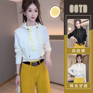 胖东来单件/韩系穿搭装女2024秋冬新款连帽长袖卫衣女显瘦黄色休