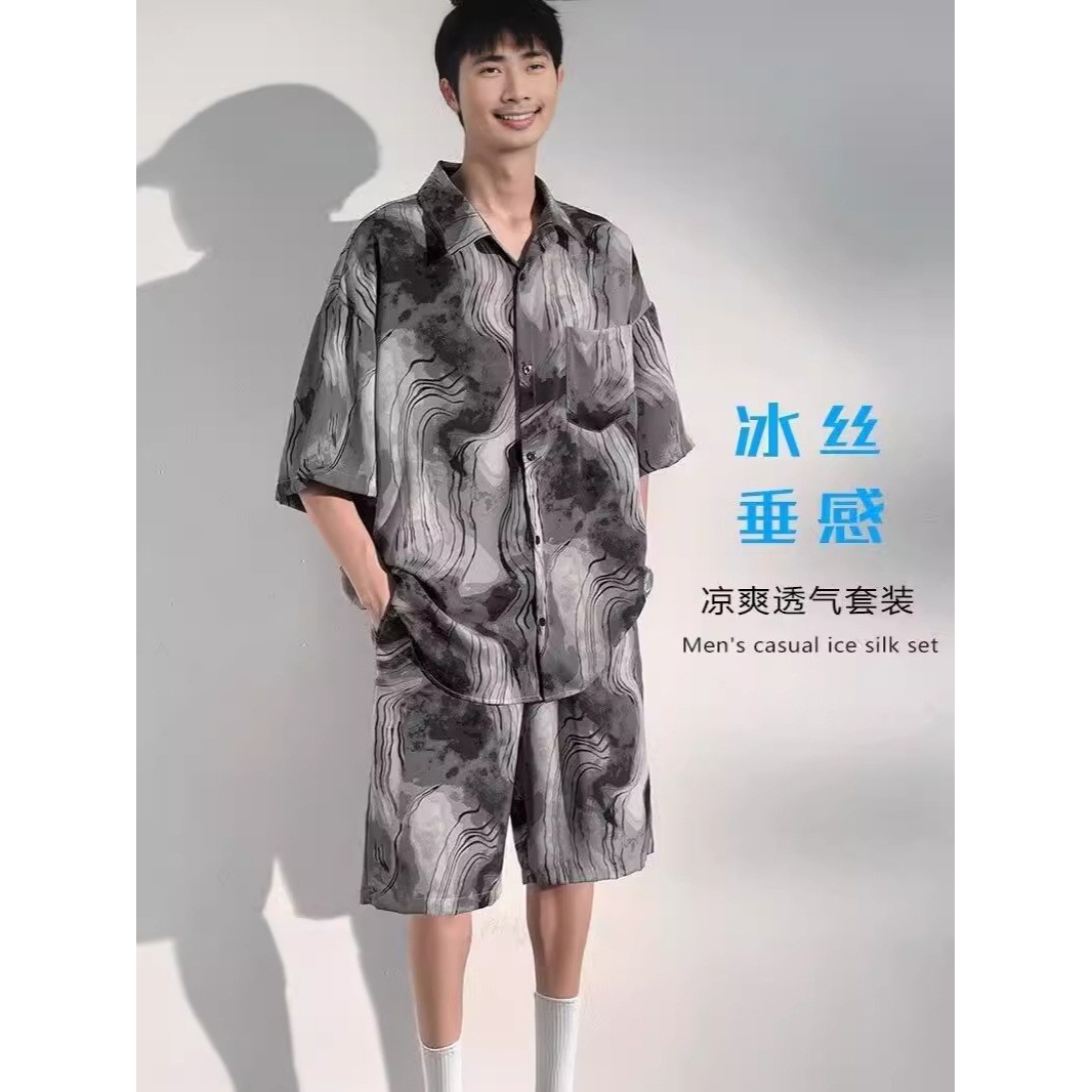 胖东来水墨扎染花短袖衬衫2025夏季高级感冰丝衬衣新中国风男装套
