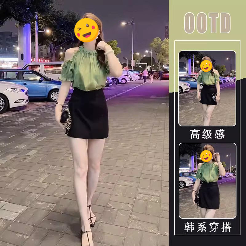 胖东来法式气质甜美挂脖露肩雪纺大码套装