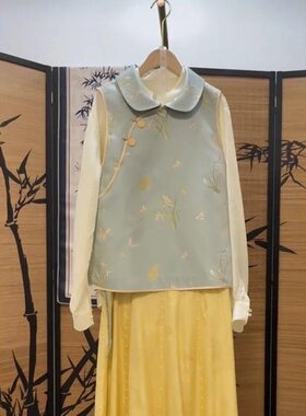 胖东来小众设计新中式中国风蓝色提花宋锦马甲女2025小个子唐装盘