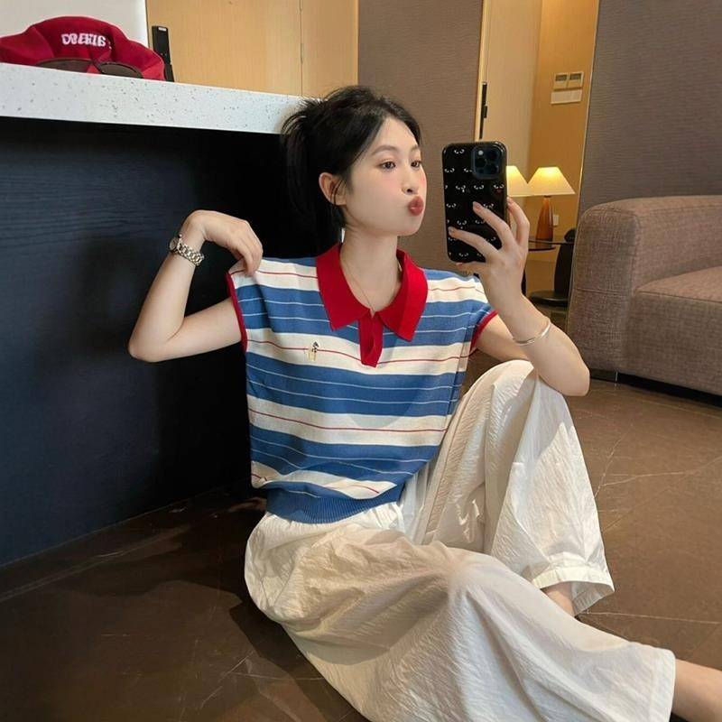 韩系撞色条纹polo领针织衫正肩冰丝短袖t恤女夏季独特小飞袖上衣