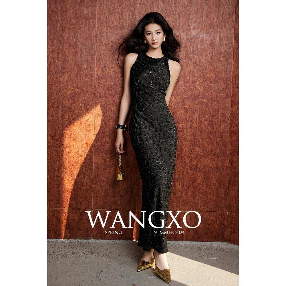 WANGXO丨定制弹力亮丝流苏方格丨圆领收腰连衣裙无袖/短袖双版本