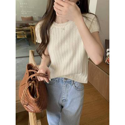 2025年春装新款女装正肩针织短袖T恤小衫夏季设计感辣妹短款上衣
