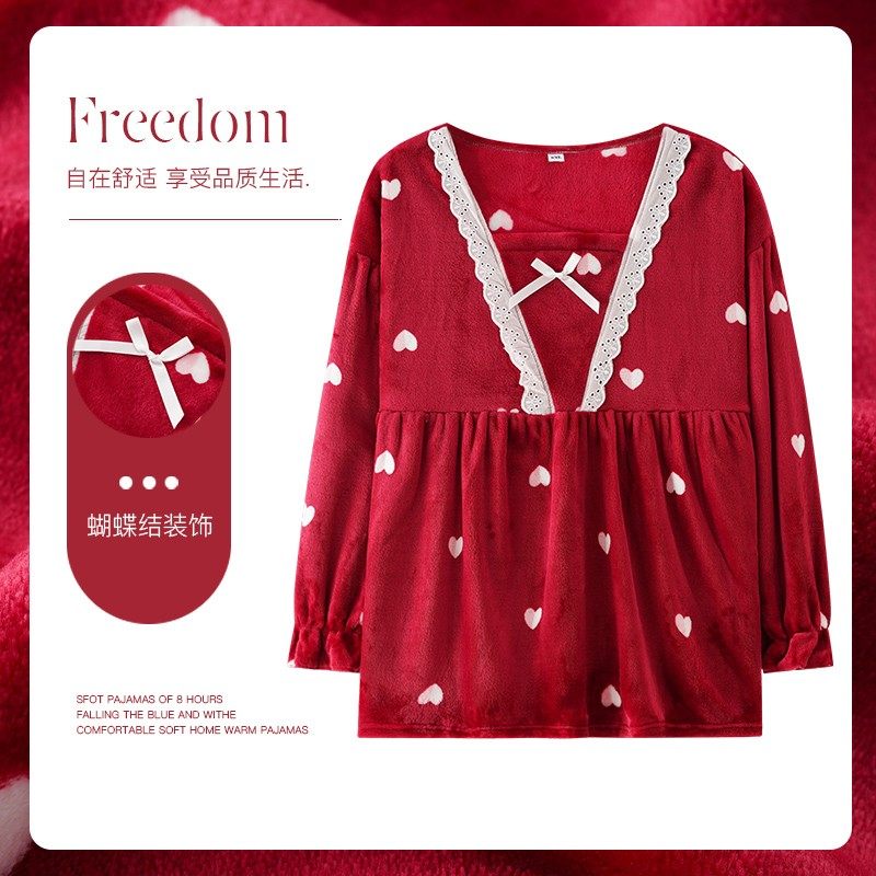秋冬季珊瑚绒单件睡衣女加绒加厚甜美法兰绒大码冬季保暖家居服冬