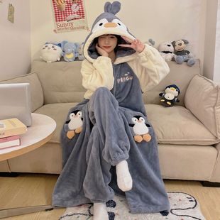 秋冬季 睡衣女珊瑚绒睡袍加厚加绒卡通企鹅学生宿舍保暖冬天家居服