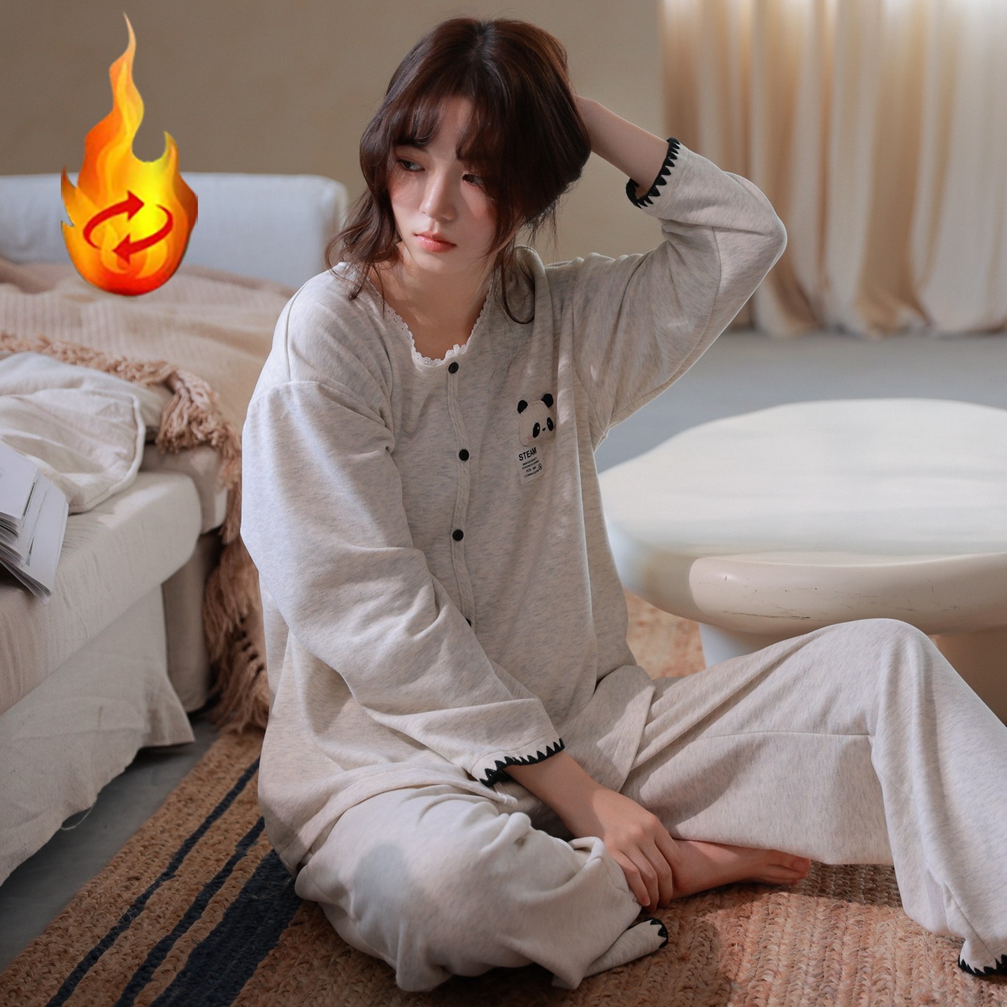 秋冬季韩版卡通熊猫睡衣女双面德绒恒温保暖薄绒可外穿家居服套装