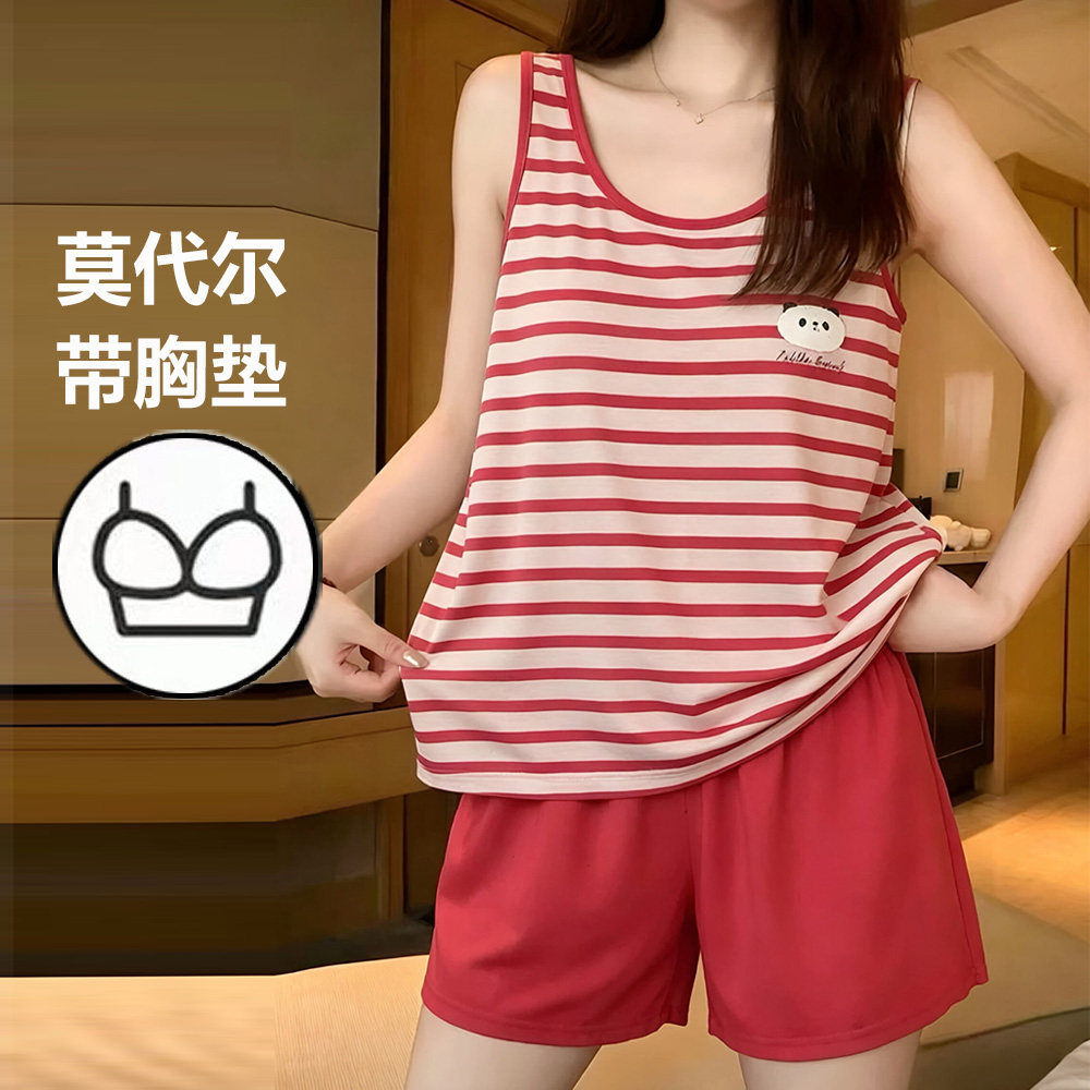 带胸垫条纹无袖睡衣女夏季卡通背心短裤莫代尔家居服套装可外穿