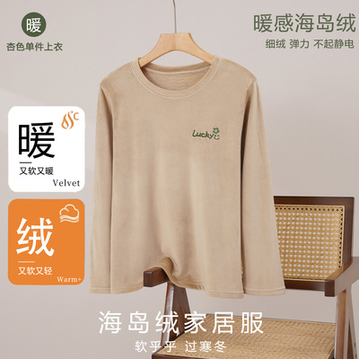 秋冬季海岛绒单件上衣睡衣女简约时尚长袖保暖宽松大码胖mm家居服