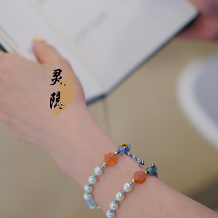 桃花朵朵天然南红海蓝宝淡水珍珠手链复古气质小众高级感手饰