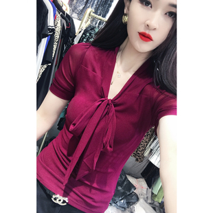 新款 蝴蝶结网纱T恤女短袖 欧洲站夏装 时尚 修身 V领上衣显瘦洋气小衫