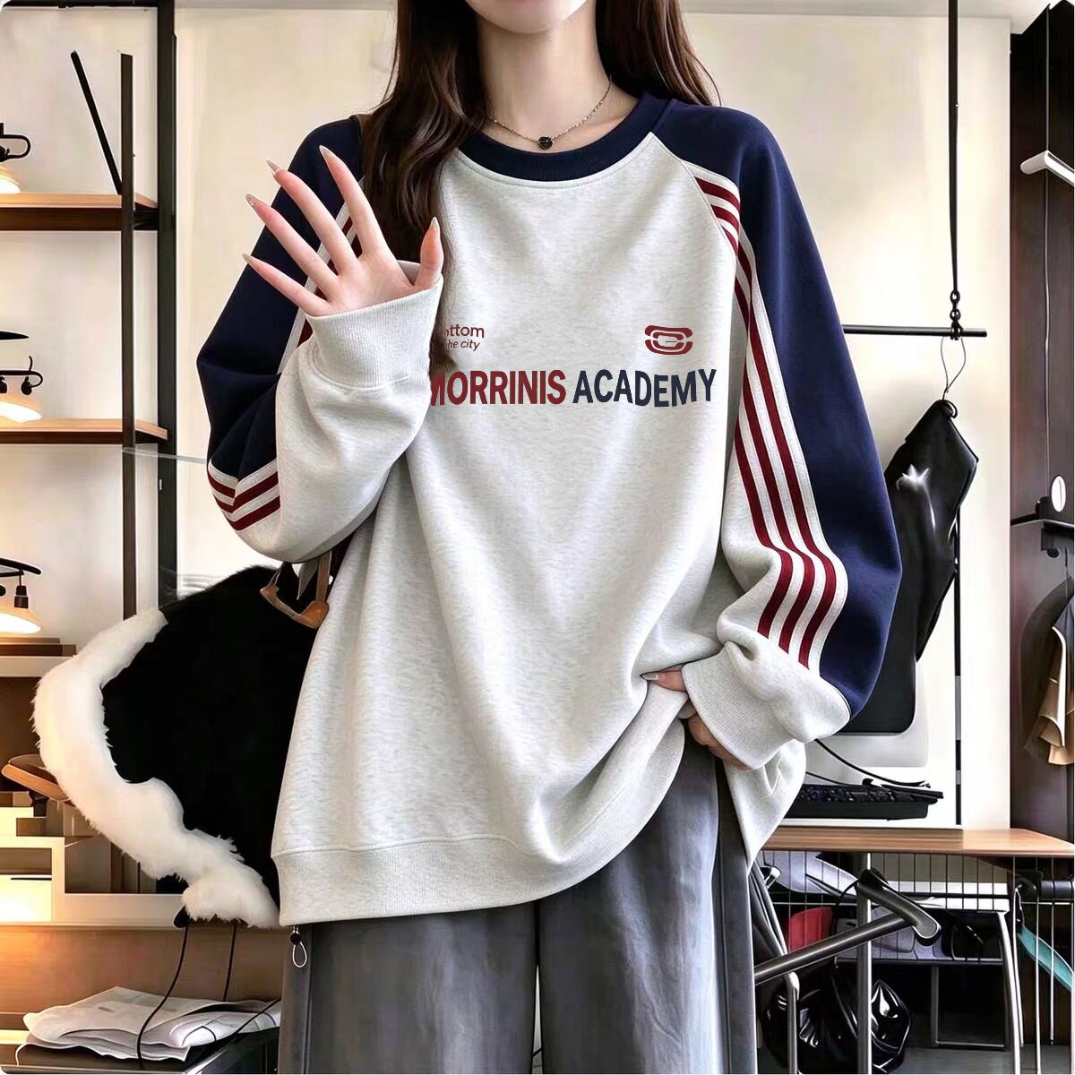 美式撞色三条杠字母印花卫衣女秋冬少女大童初中高中学生宽松上衣