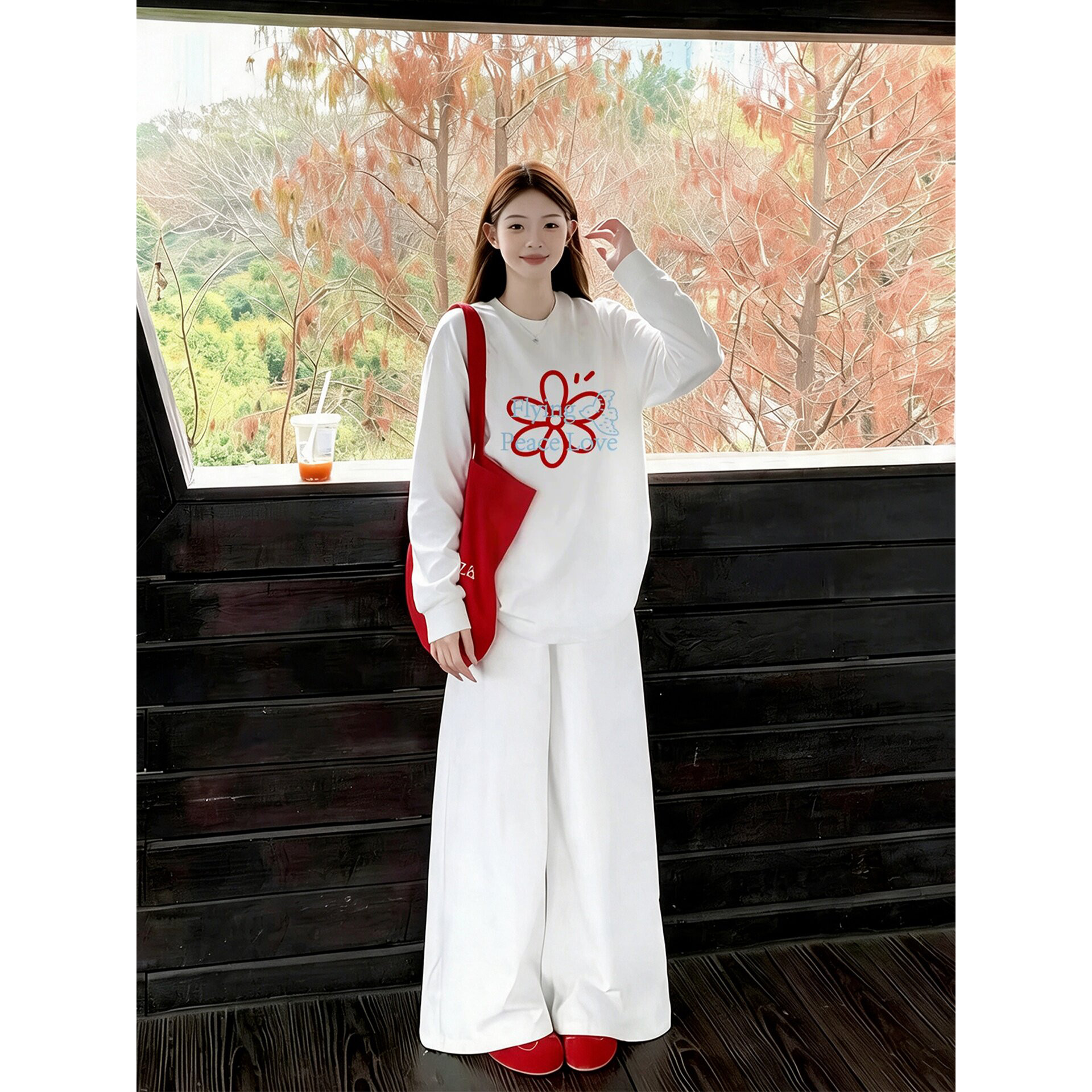 秋季韩系白色纯棉花朵宽松卫衣