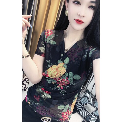 夏季新款网纱印花修身洋气小衫