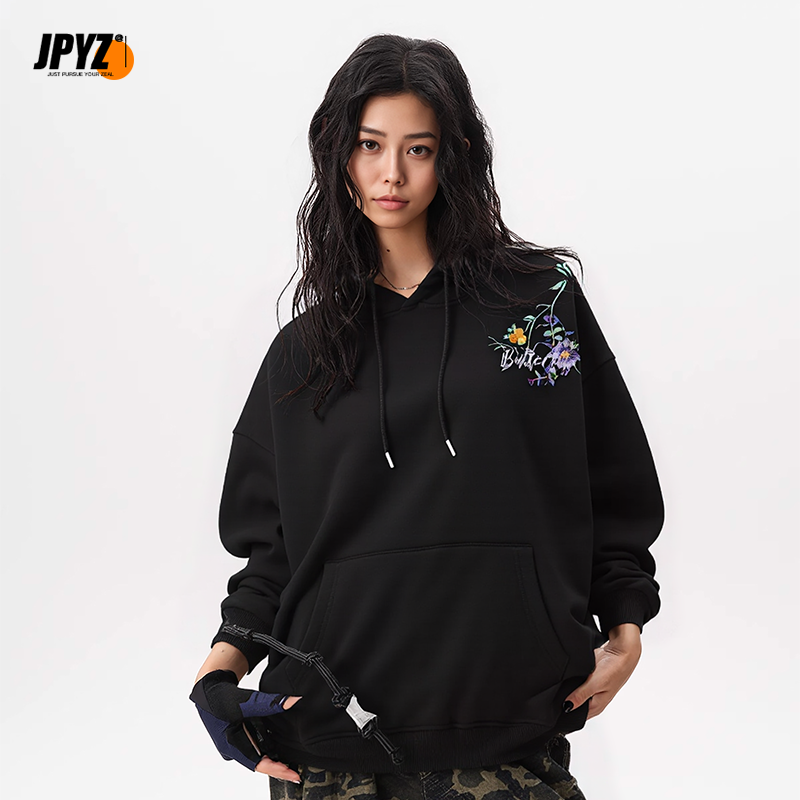 街派一族蝴蝶花卉刺绣连帽卫衣春秋新款美式休闲套头上衣男情侣款