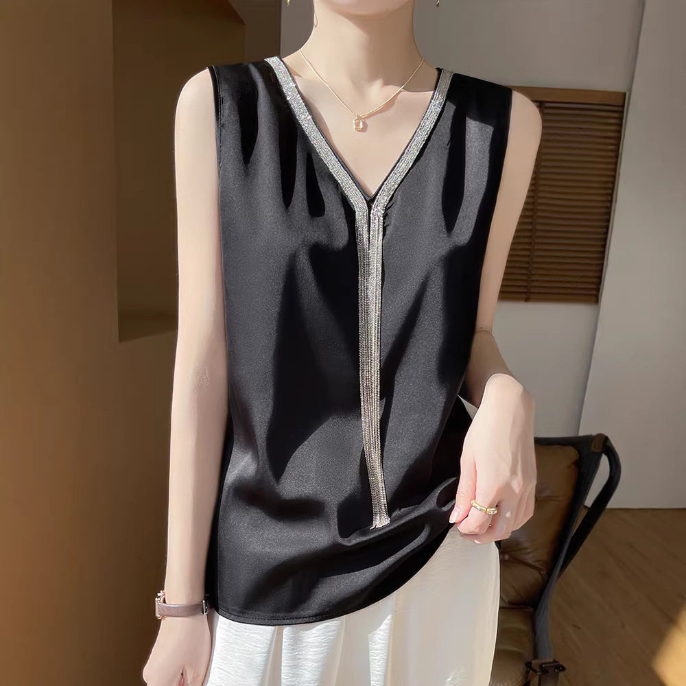 丝绸缎面2026夏季女装新款v领短款流苏无袖背心气质百搭T恤上衣