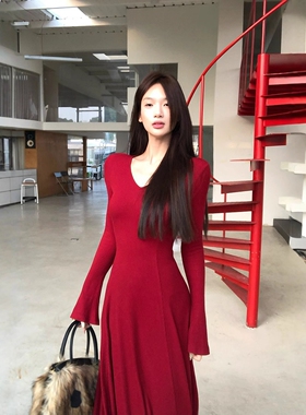 12YE 红色针织连衣裙女冬季圣诞韩系V领修身长裙气质温柔新年裙子