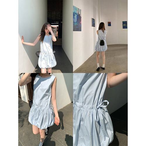 蓝色蝴蝶结刺绣连衣裙女夏季新款小个子高腰a字花苞短裙