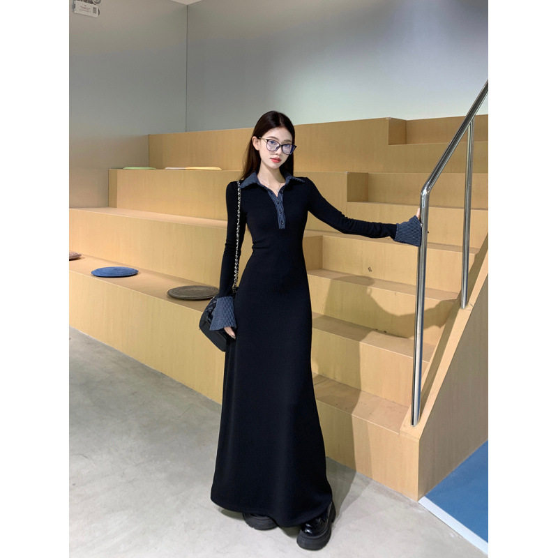 黑色新品感气质翻领长袖连衣裙女冬季新款收腰修身显瘦荷叶边长裙