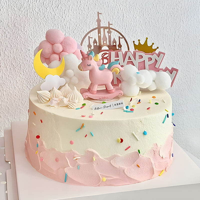 独角兽生日蛋糕装饰小木马彩虹摇摇小马摆件彩虹流苏蝴蝶烘焙插件