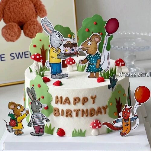 波西和皮普蛋糕插牌手绘生日装饰插件小兔子气球周岁甜品台布置