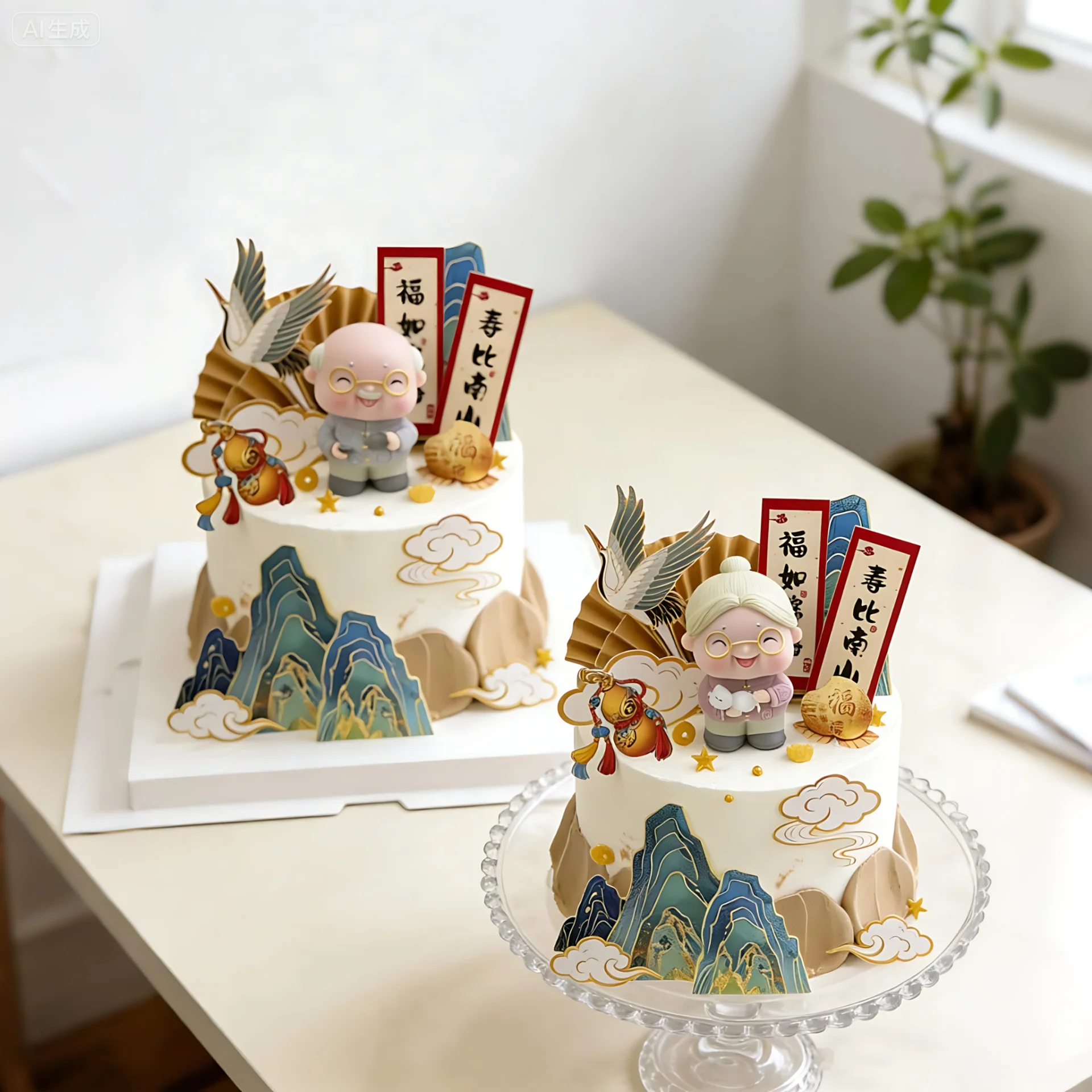 爷爷奶奶蛋糕装饰长辈祝寿生日快乐福如东海寿比南山对联插件