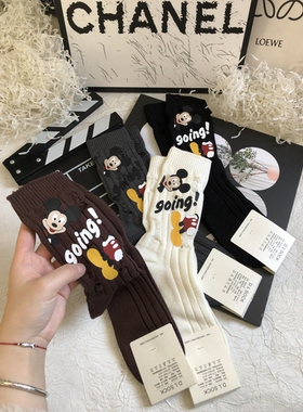 DLSOCK 女袜2026早春新款破洞米奇烫印中筒袜时尚百搭网红潮袜