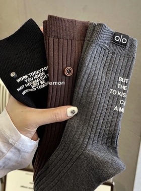 DLSOCK秋冬新款欧货后跟字母布标中筒袜女网红时尚百搭简约堆堆袜