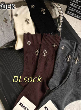 DLSOCK秋冬新款十字架重工字母中筒袜时尚百搭网红潮袜洞洞袜子女