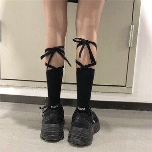 ins潮萝莉长筒jk 日系绑带袜交叉黑色中筒小腿系带长袜子配老爹鞋