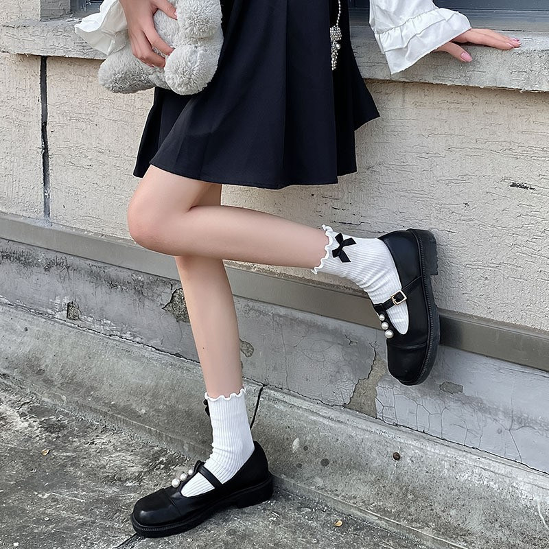 lolita白色中筒袜子女蝴蝶结泡泡花边制服袜洛丽塔学院风JK棉袜
