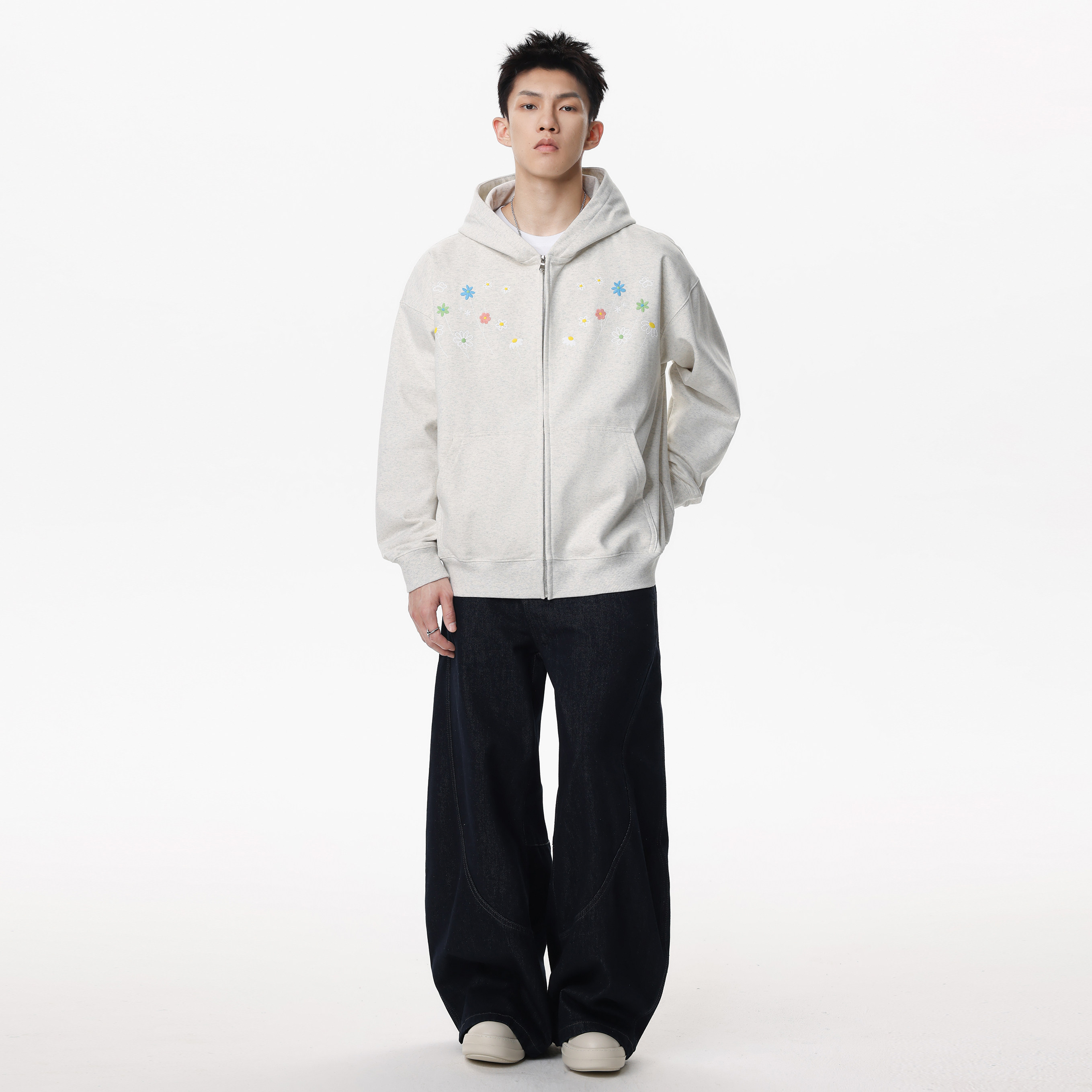 DUAMIN基础百搭花卉刺绣休闲开衫连帽卫衣男女同款