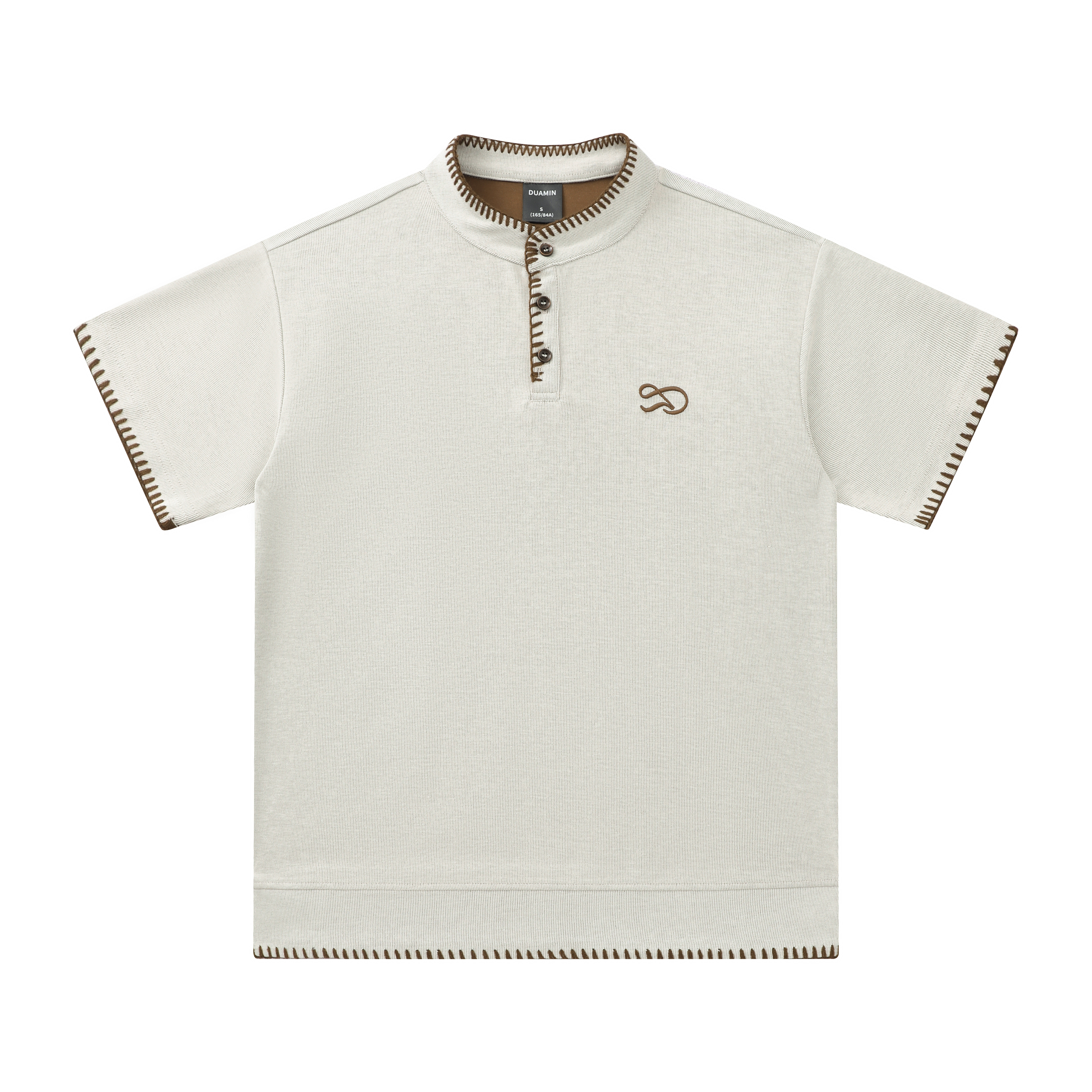 Duamin 美式复古撞色手缝线刺绣花边亨利领休闲 短袖T恤 男女同款