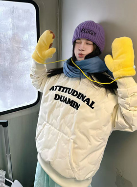 DUAMIN 美式复古字母刺绣菱格连帽卫衣男女秋冬季加厚棉衣外套潮