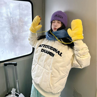 DUAMIN 美式复古字母刺绣菱格连帽卫衣男女秋冬季加厚棉衣外套潮