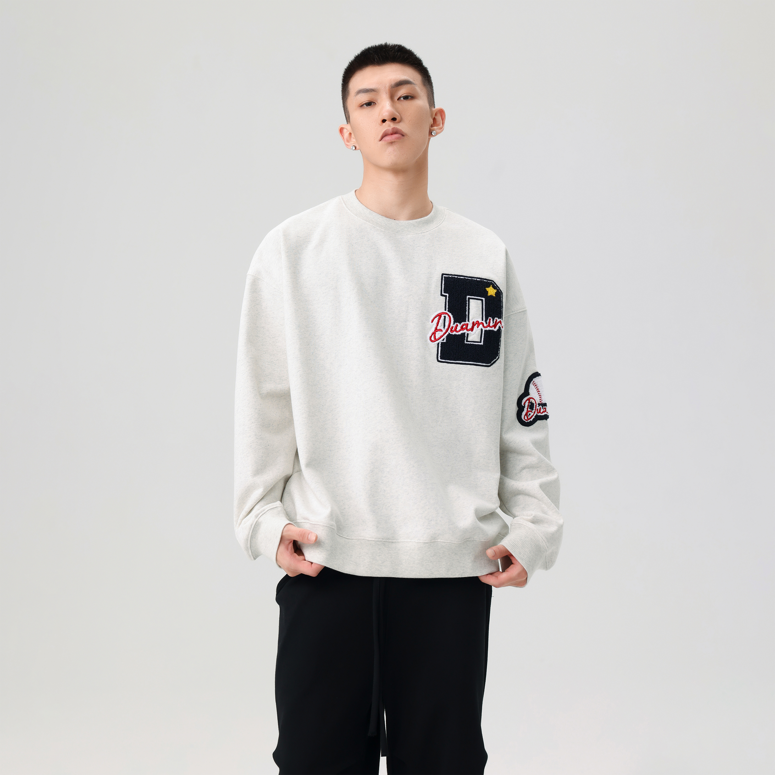 DUAMIN美式复古重磅棒球圆领