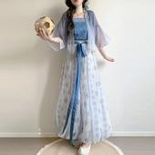 蓝染夏 日常套装 汉服女新中式 吊带花苞裤 夏 国风短衫 新月集原创